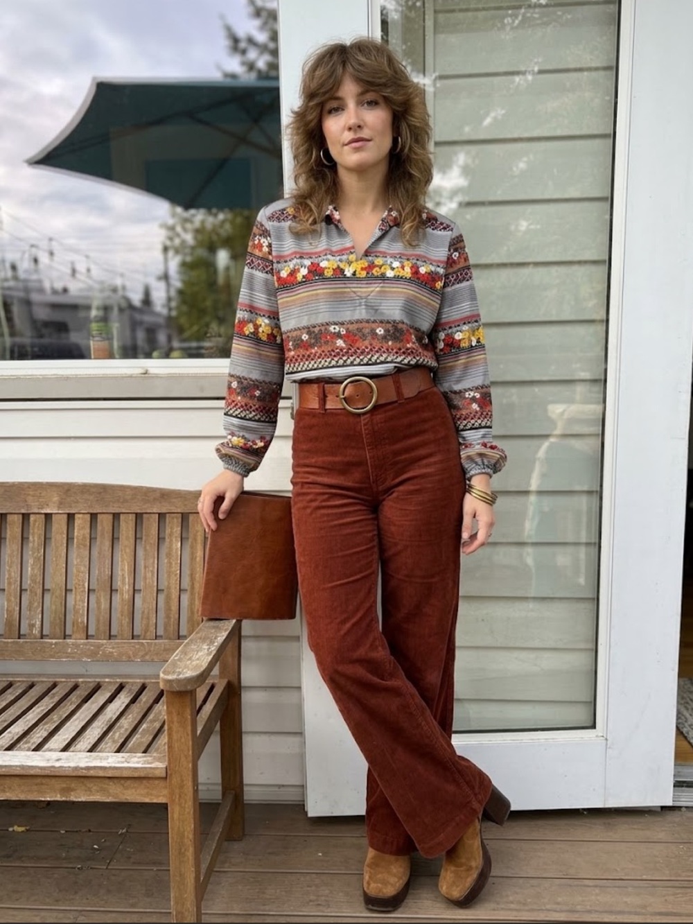 Vintage 1970s Floral Geo Print Blouse | Retro Long Sleeve Elastic Hem Top Sm